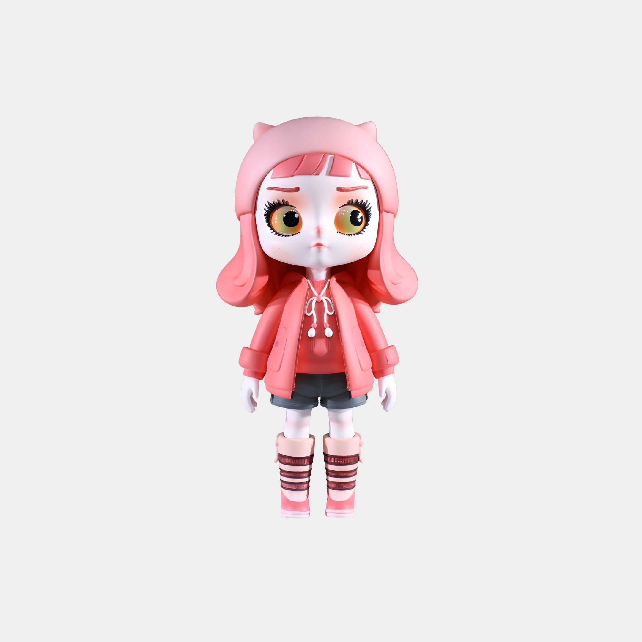 The Giant Sculptures Candy Pink Hoodie Girl Figure - 30cm features a stylized girl with large eyes, pink hair, cat-eared hoodie, dark shorts, striped socks, and pink boots—hand-painted and displayed on a plain white background.