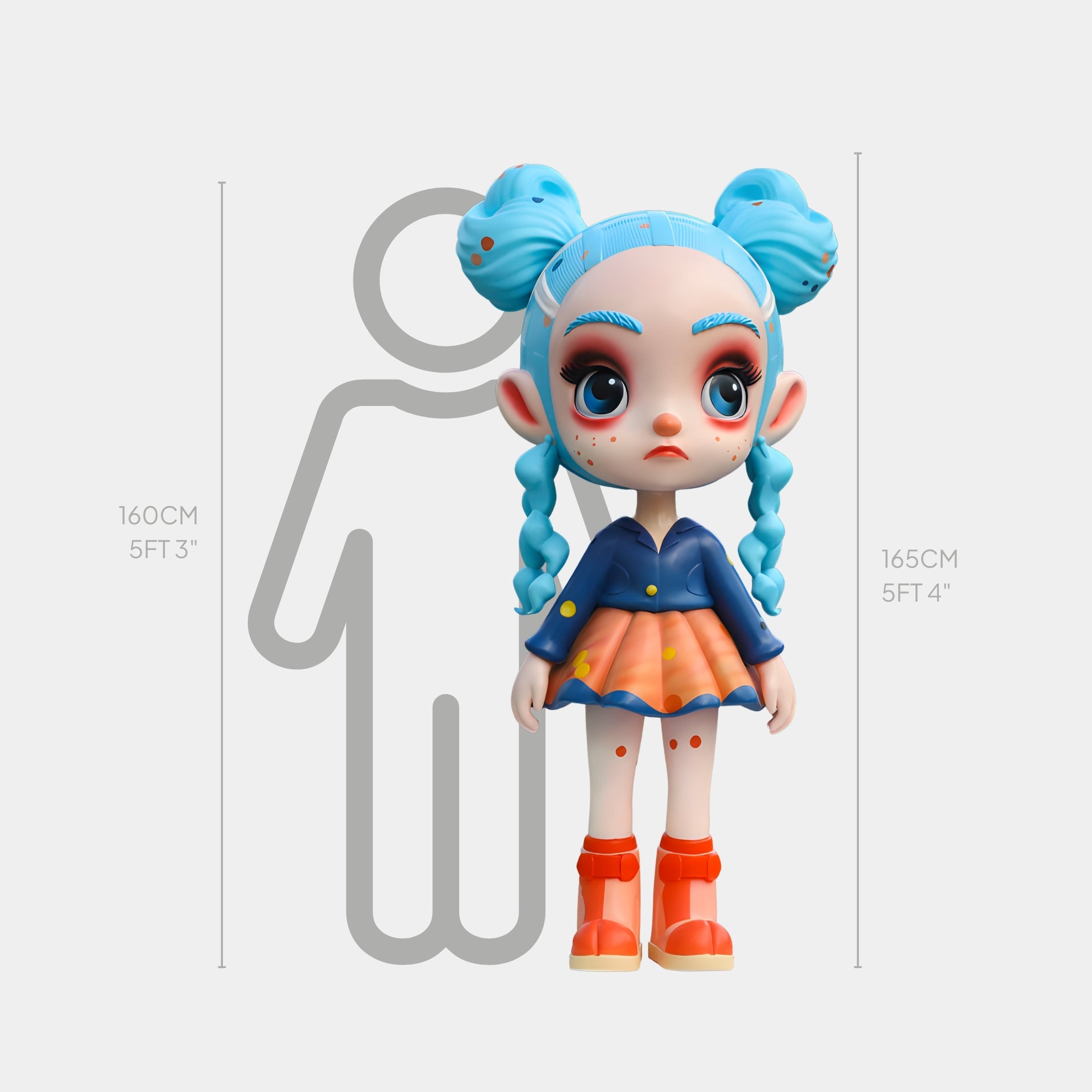 A cartoon girl with blue pigtails, blue eyebrows, and an orange-blue outfit stands before a grey height chart—just like Giant Sculptures’ Blue & Orange Polka Dress Girl Sculpture (165cm), crafted from eco-friendly resin.