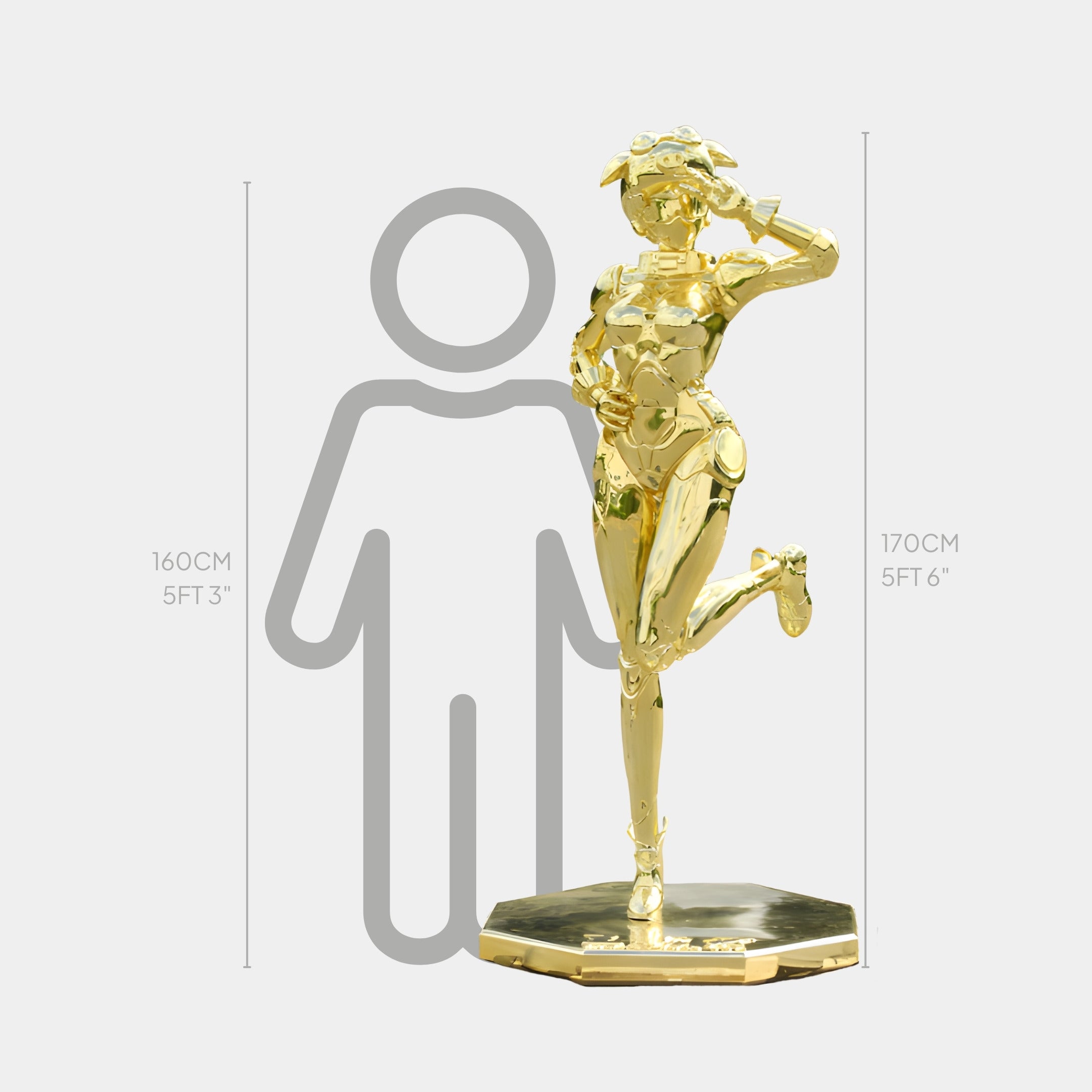 The Mirror Gold Pig Helmet Cyborg Girl Sculpture by Giant Sculptures is a shiny, gold electroplated, life-size art piece (170 cm tall) with one leg raised and saluting, shown beside a 160 cm person for scale.