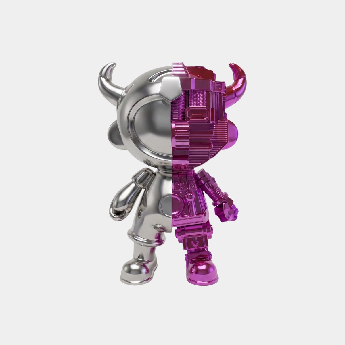 The Giant Sculptures Silver & Magenta Split Astro Devil Figure - 35cm is a collectible made of eco-friendly resin, featuring a silver left side and translucent magenta right with visible gears, displayed against a plain white background.