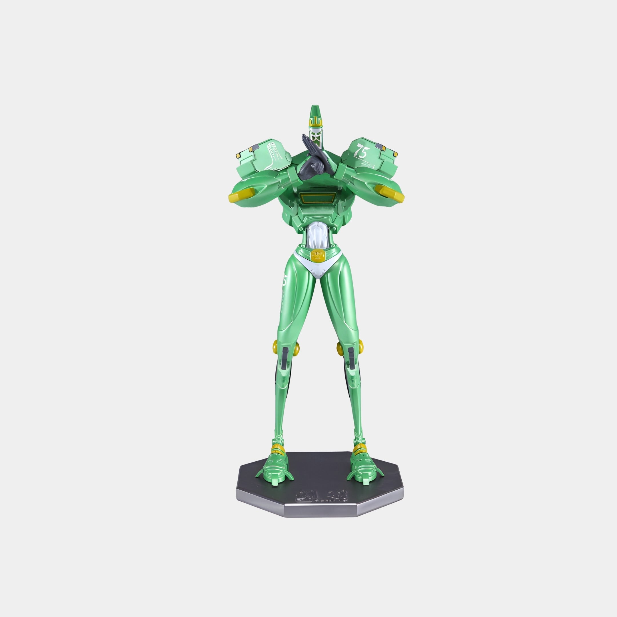 The Green Armoured Mecha Robot Figure (45cm) by Giant Sculptures is a resin figurine with crossed arms, yellow and silver details, standing on a hexagonal black base—a sleek, futuristic collectible.