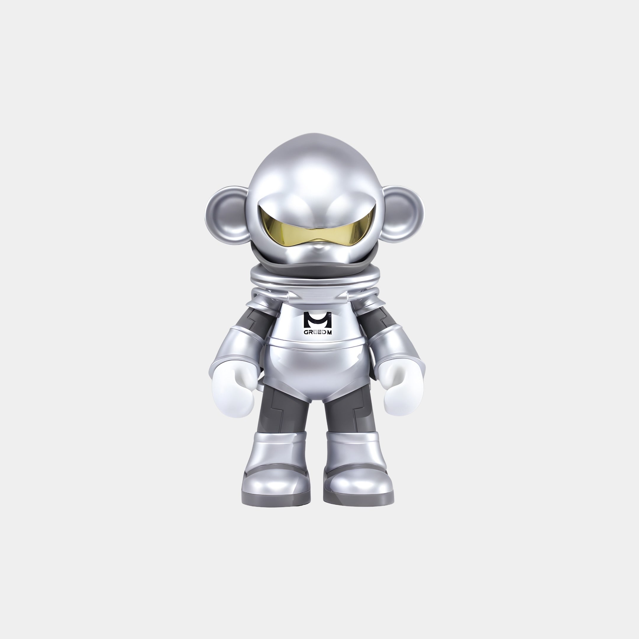 The Lunar Silver Cosmo Ape Figure (25cm) by Giant Sculptures is an upright electroplated resin collectible with a shiny helmet, yellow visor, and metallic suit, displayed against a plain light gray background.