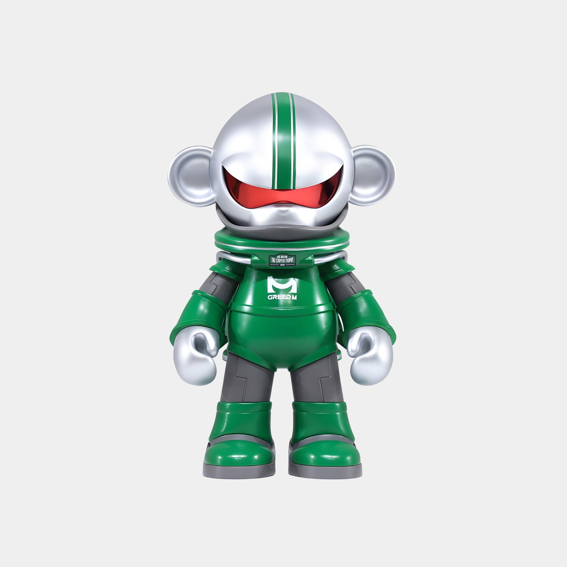 The 50cm Orbit Green Cosmo Ape Figure by Giant Sculptures features a metallic silver helmet, red visor, and racing astronaut suit, making it a unique collectible sculpture displayed against a plain light gray background.