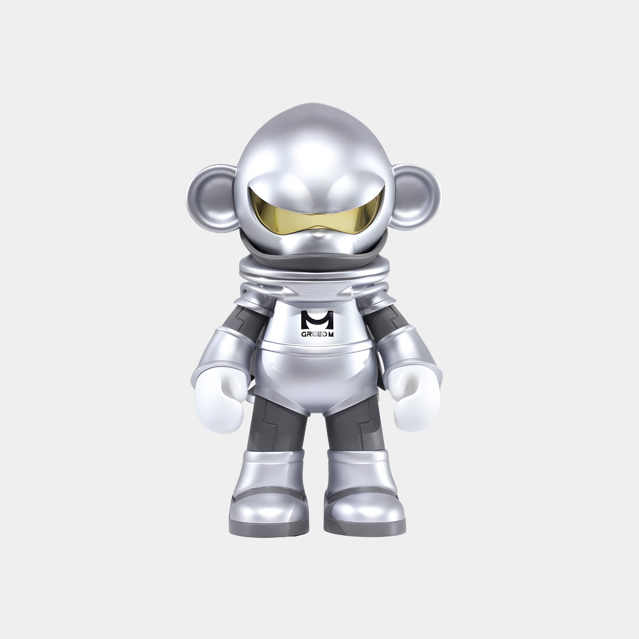 The Giant Sculptures Lunar Silver Cosmo Ape Figure - 50cm is a collectible resin ape in a shiny silver spacesuit with visor and large gloves, standing upright against a plain light gray background.