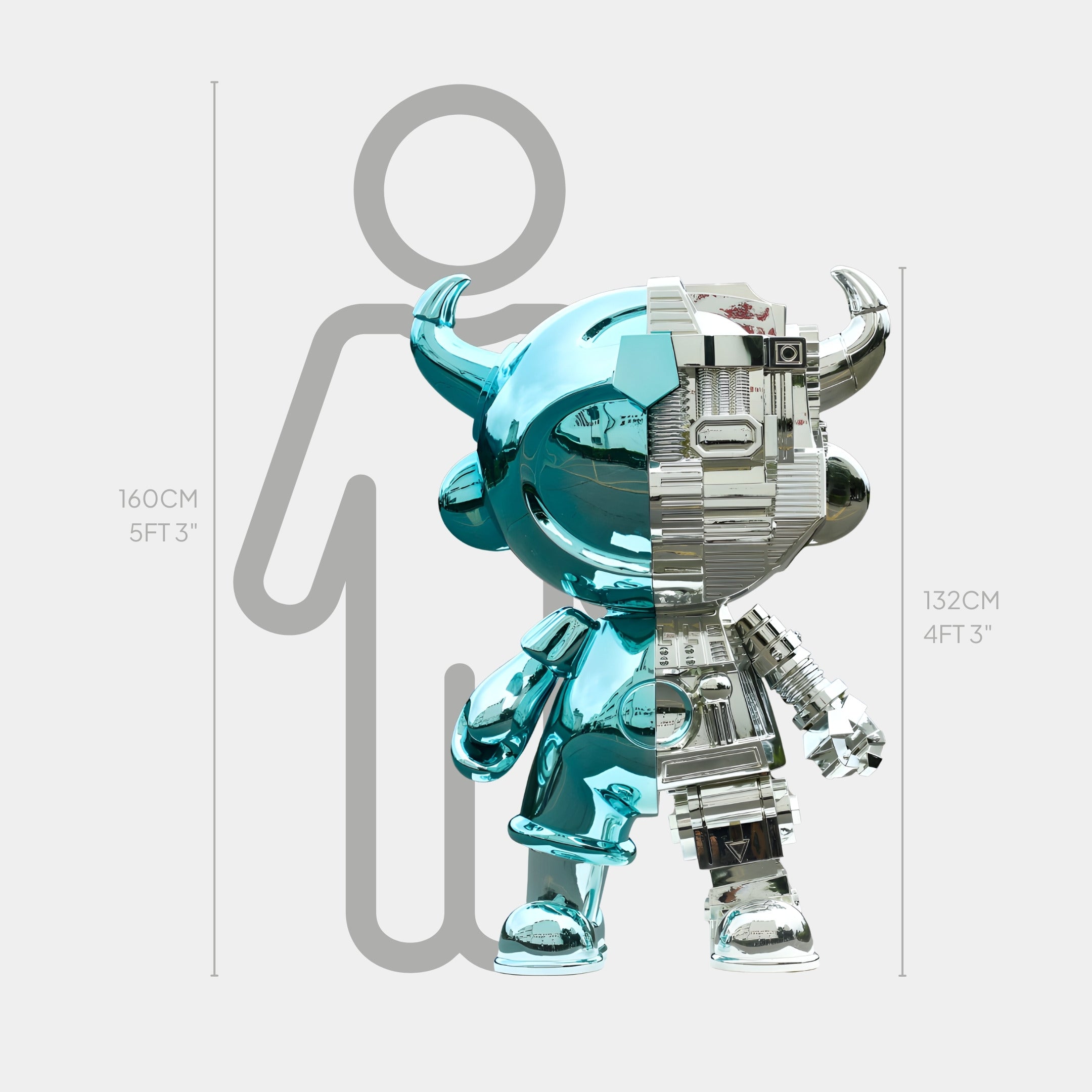 The Giant Sculptures Teal Chrome & Silver Split Astro Devil Sculpture (132cm) features a shiny teal and silver robotic bull, shown beside a 160cm human silhouette for scale.
