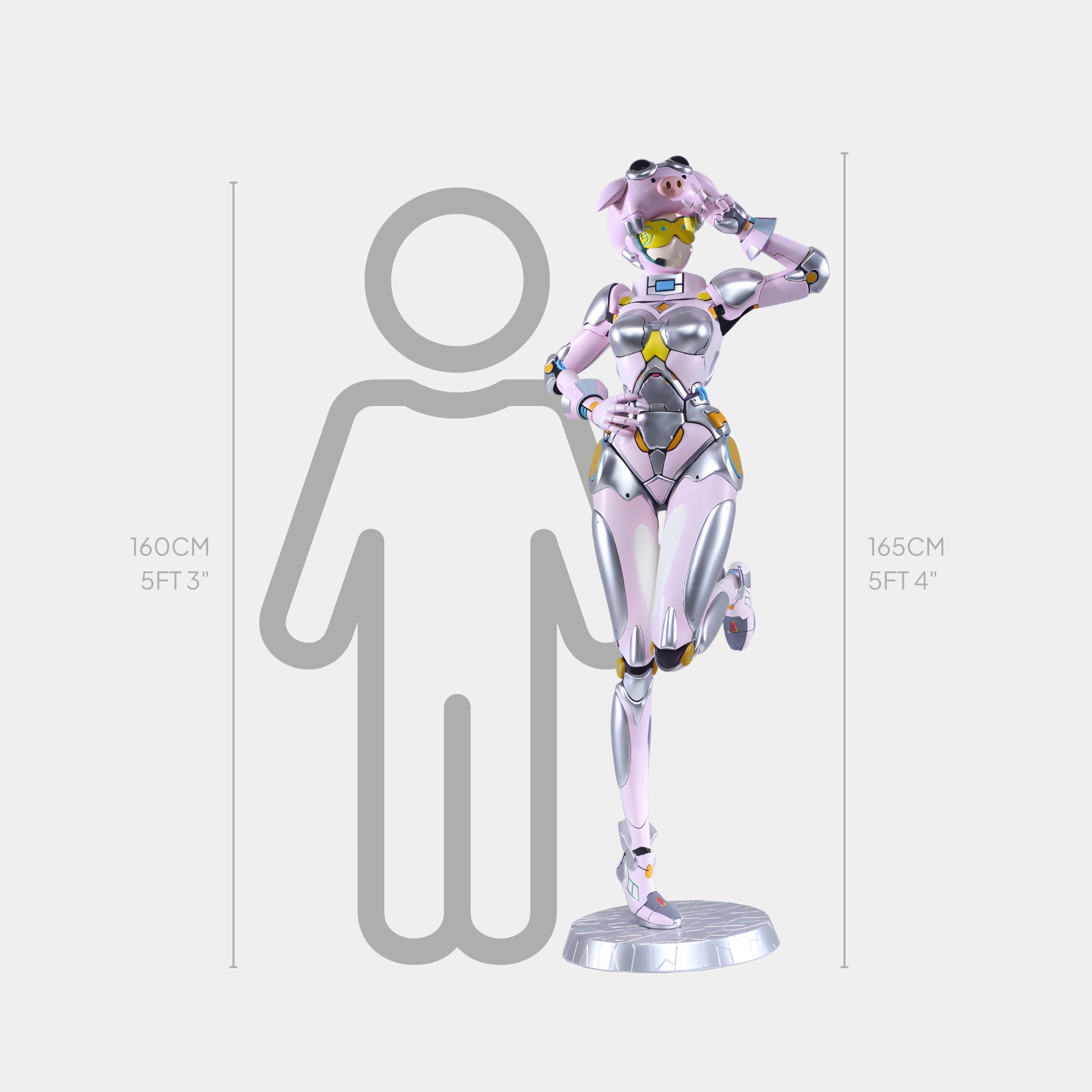 The Pink & Silver Pig Helmet Cyborg Girl Sculpture by Giant Sculptures stands in a dynamic pose at 165 cm (5 ft 4 in), slightly taller than the average person (160 cm).