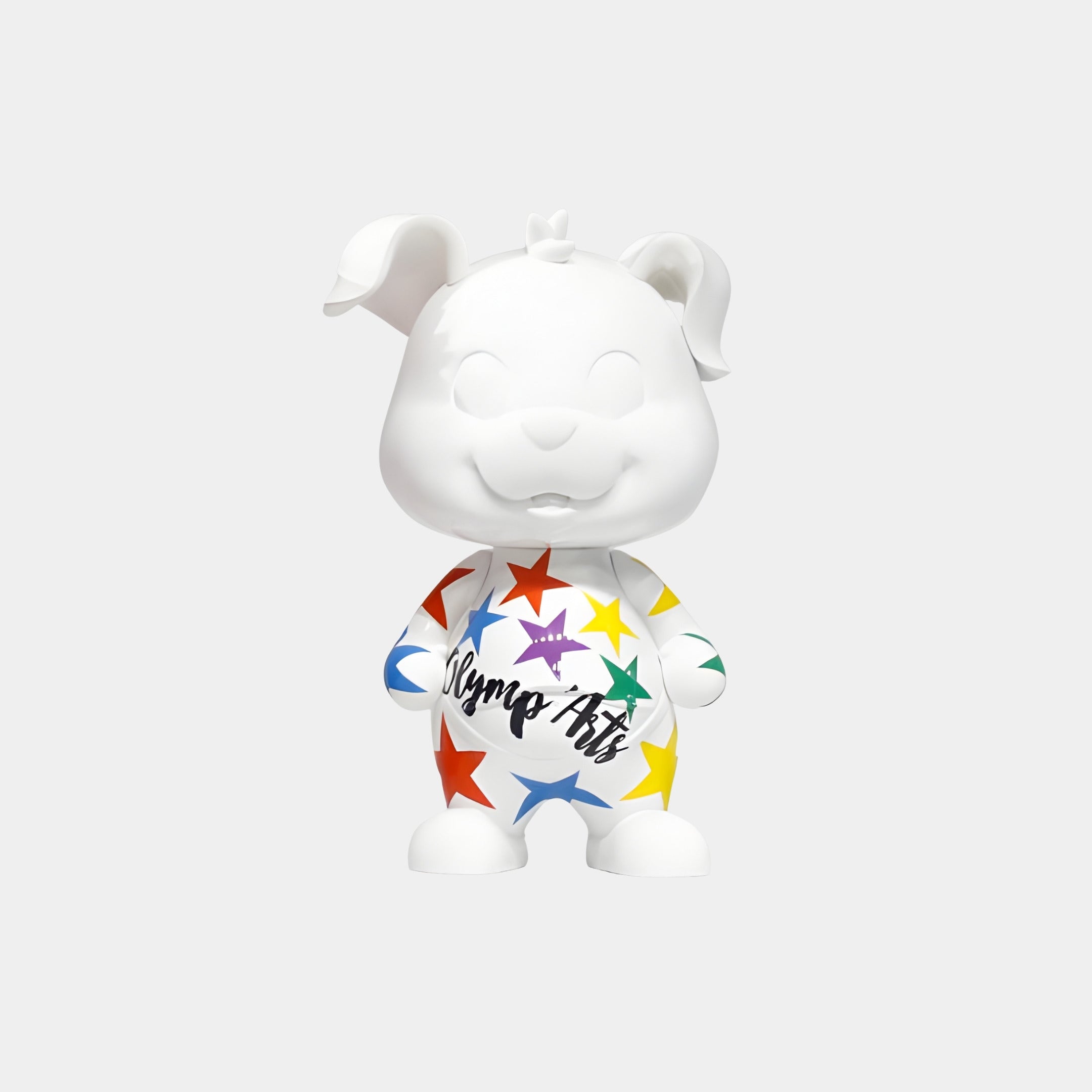 The Star Print White Pup Figure - 30cm by Giant Sculptures is a resin puppy figurine with colorful stars and Sigma Arts text, set against a gray background—an ideal collectible for dog lovers.