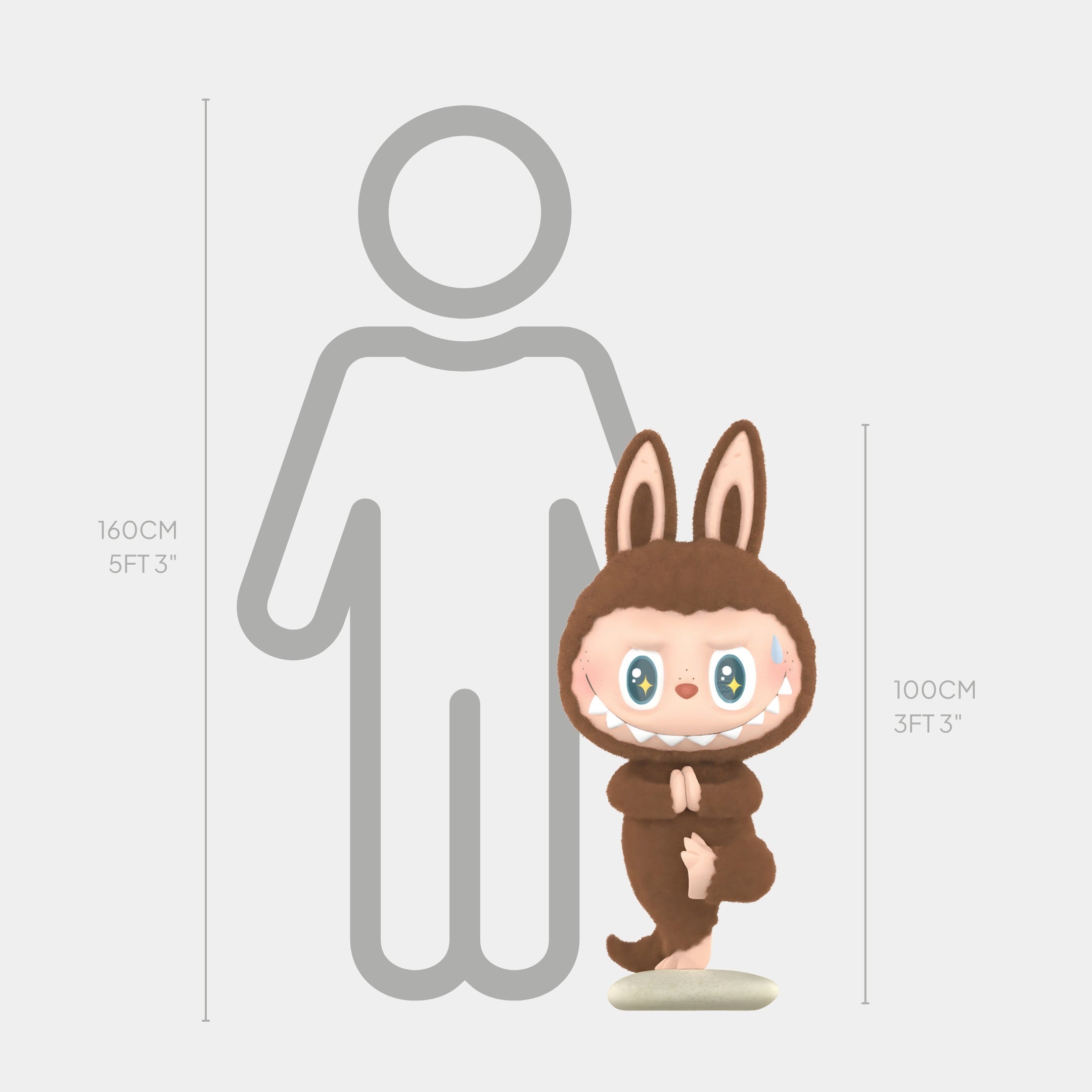 A cartoon character in a brown bunny suit stands by a 160 cm gray outline, showing the charm and size of Giant Sculptures’ Lazy Yoga Coach Labubu Sculpture—crafted from fiberglass and measuring about 100 cm tall.