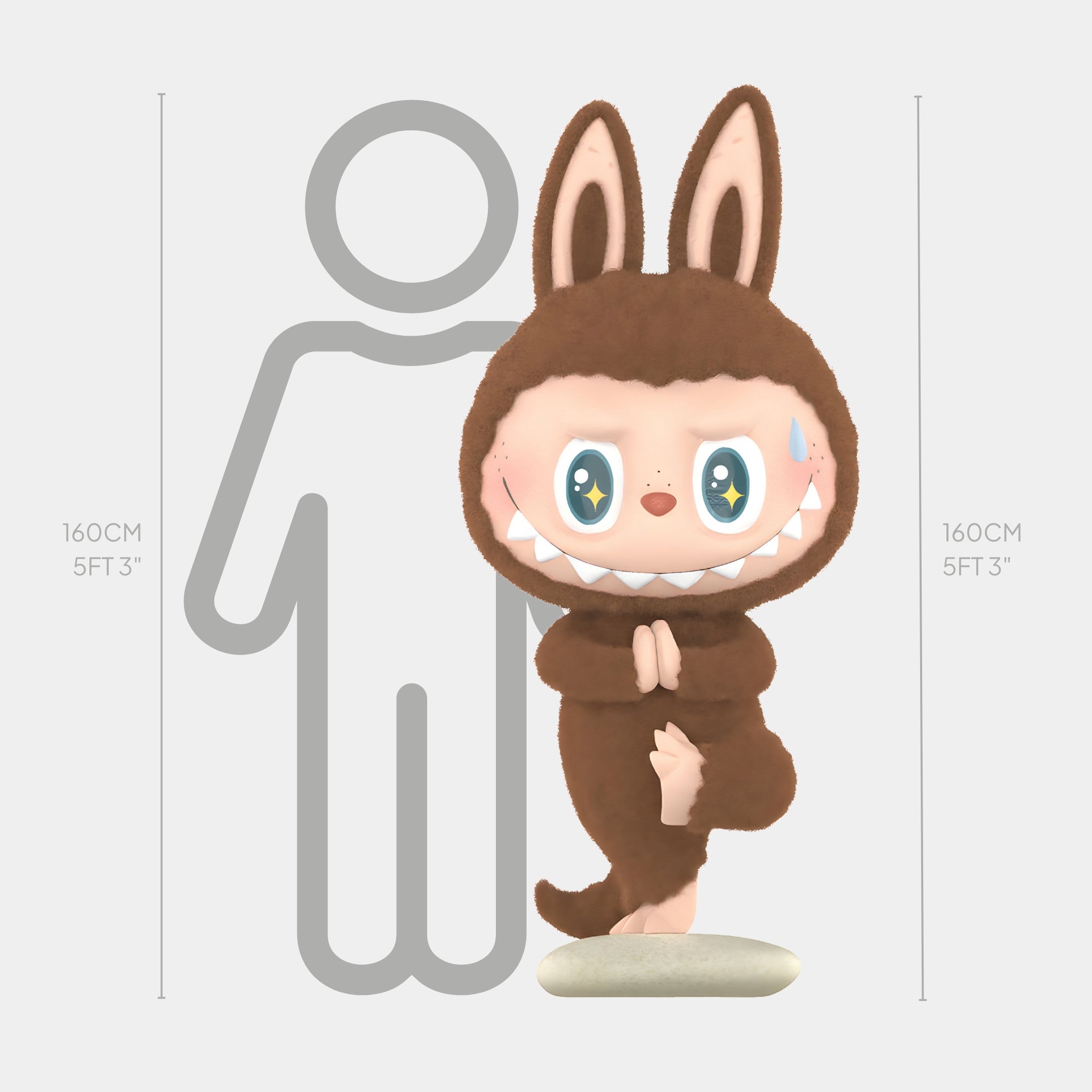 The Giant Sculptures Lazy Yoga Coach Labubu Sculpture stands 160cm tall, featuring Labubu in a brown bunny suit balancing on one leg with big blue eyes, sharp teeth, blush marks, and a sweat drop—playful wellness décor.