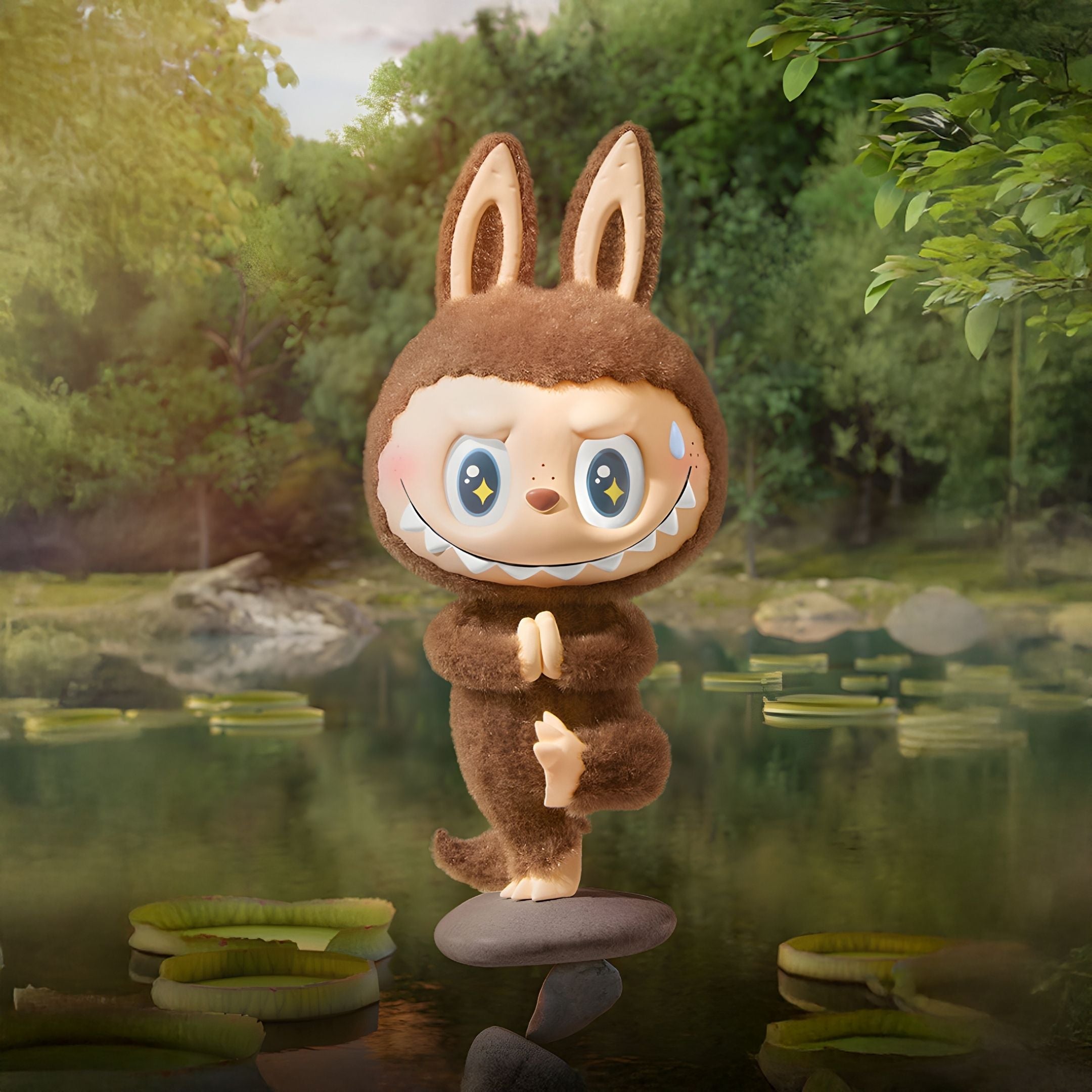 The Lazy Yoga Coach Labubu Sculpture - 160cm by Giant Sculptures features a cute, wide-eyed figure in a furry brown costume, standing on one foot atop a rock in a serene pond—ideal as wellness décor.