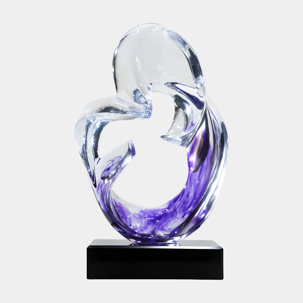 Violet & Clear Closed Loop Resin Sculpture - 50cm, a clear resin loop with violet swirled into its lower curve, mounted on a black marble base against a plain white background.