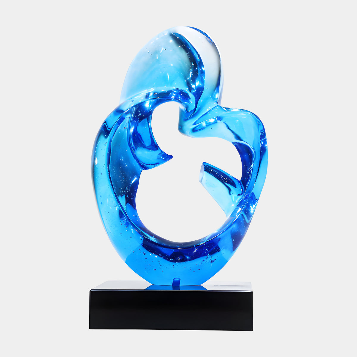 Blue Closed Loop Resin Sculpture - 50cm with intertwined arms forming an open center, blue resin with bubble details, set on a black marble base against a plain white background.