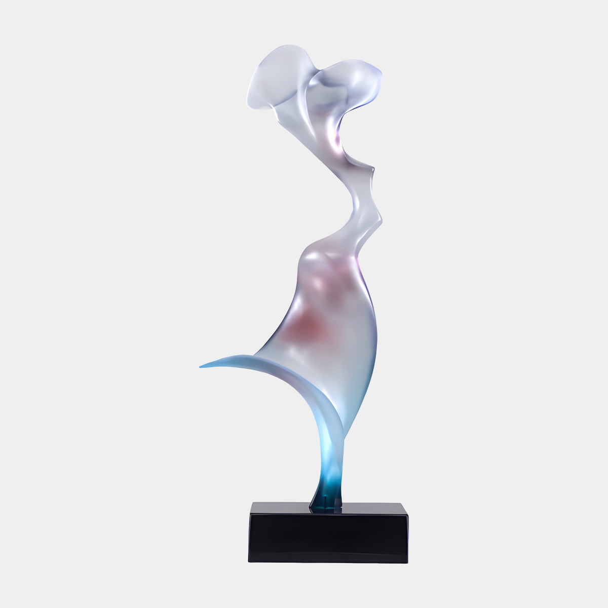 Pink & Blue Windblown Figure Resin Sculpture, 64cm, frosted abstract form with flared base on black marble block, plain white background.