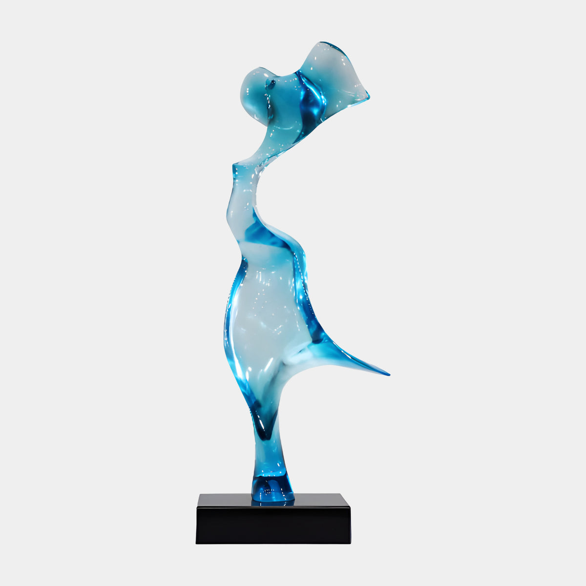Aqua Graded Hatted Lady Figure Resin Sculpture - 84cm, a woman in a wide-brimmed hat balanced on one foot, clear resin with aqua blue at the brim and hem, on a black marble base, plain light grey background.