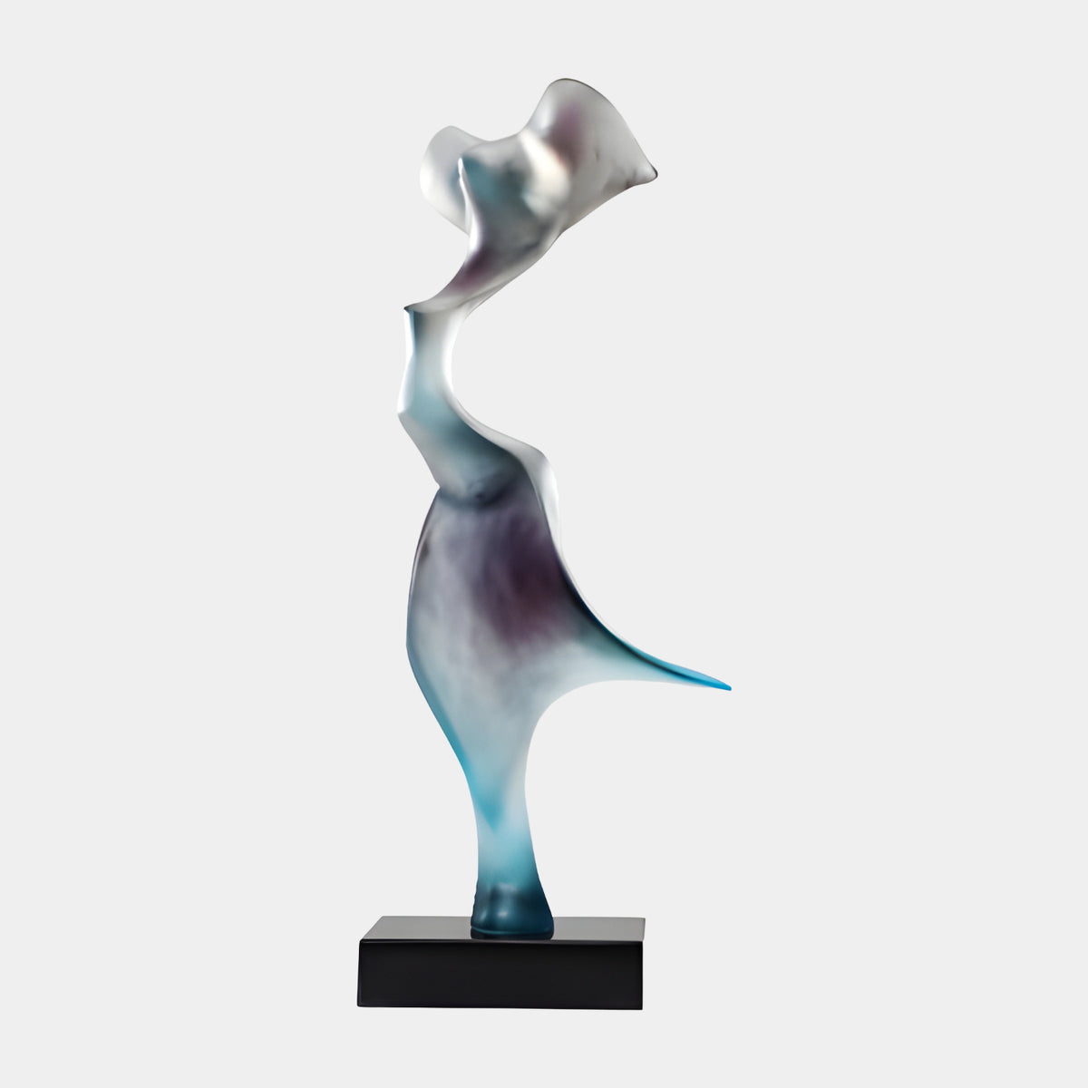Frosted Violet & Teal Hatted Lady Resin Sculpture, 84cm, poised on one foot with skirt swept back, violet clouding into teal hem, on black marble base against a plain light background.