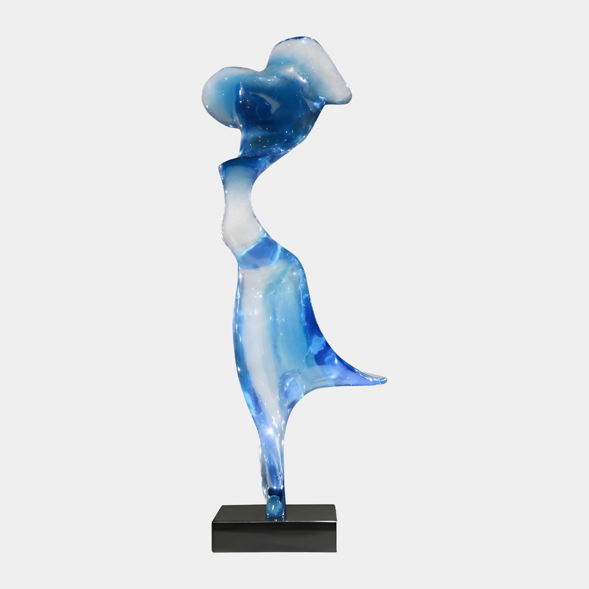 Glossy Blue & Clear Hatted Lady Resin Sculpture, 103cm, abstract woman figure in a broad hat balanced on one foot with trailing skirt, set on a black marble base against a plain light background.