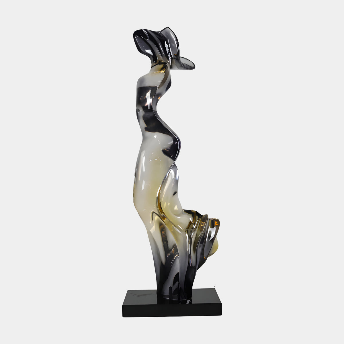 Grey & Gold Hatted Lady Figure Resin Sculpture, 129cm, abstract figure in smoke grey and cream-gold tones with a broad hat, on a black rectangular base against a plain light grey background.