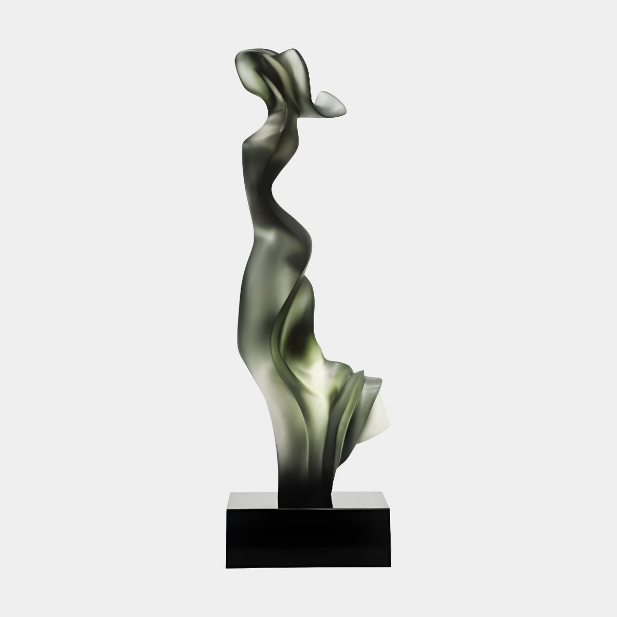 Frosted Olive Green Hatted Lady Resin Sculpture, 129cm, abstract figure in a wide hat on a black block base, white background.