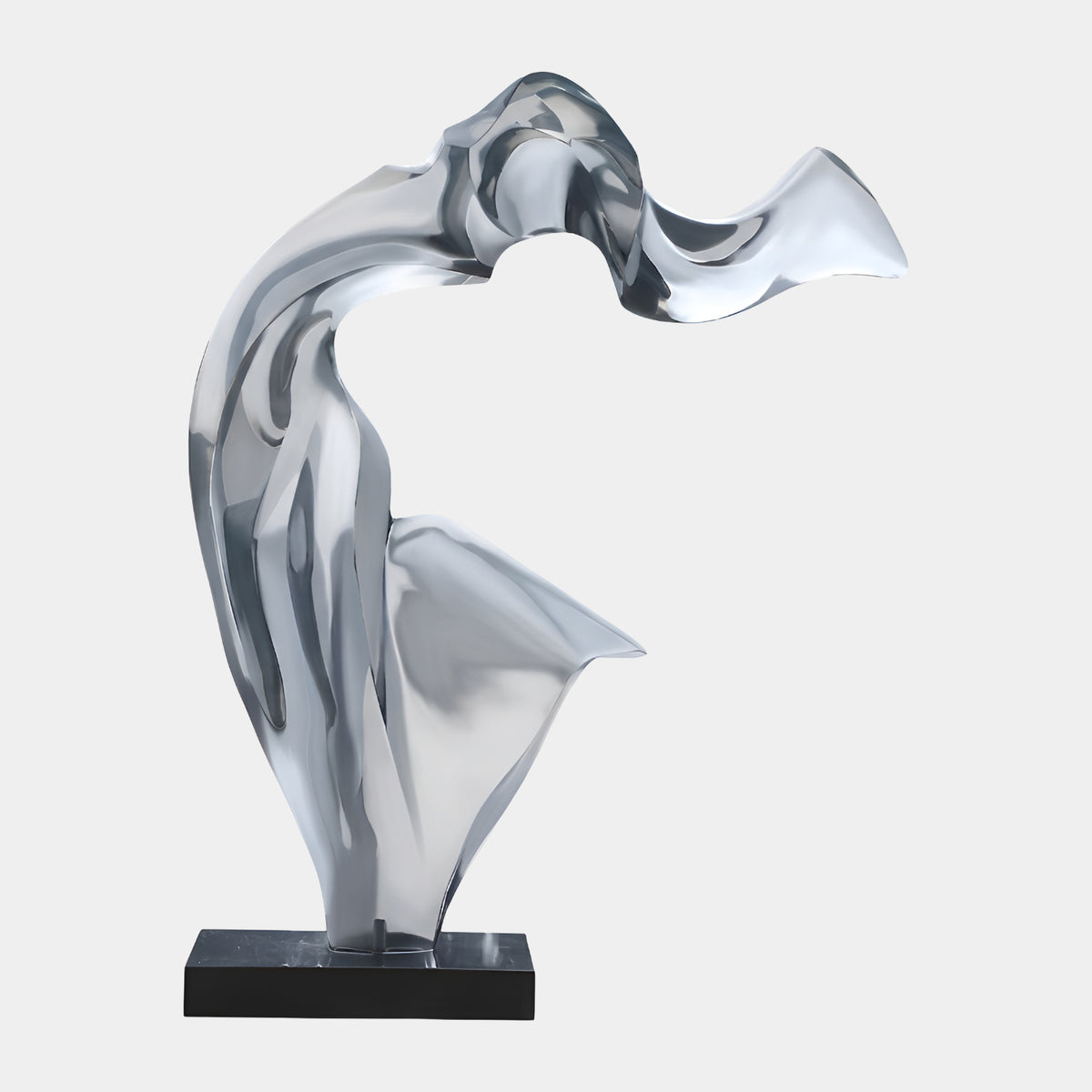 Clear Swept Double Fold Resin Sculpture - 204cm, an abstract double-curved form on a black marble base, set against a plain white background.