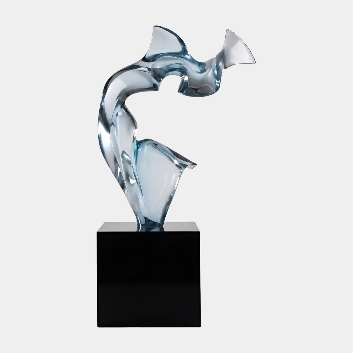 Clear Arched Abstract Resin Sculpture - 173cm by Giant Sculptures, a twisting translucent arch form on a black plinth base, shown against a plain white background.