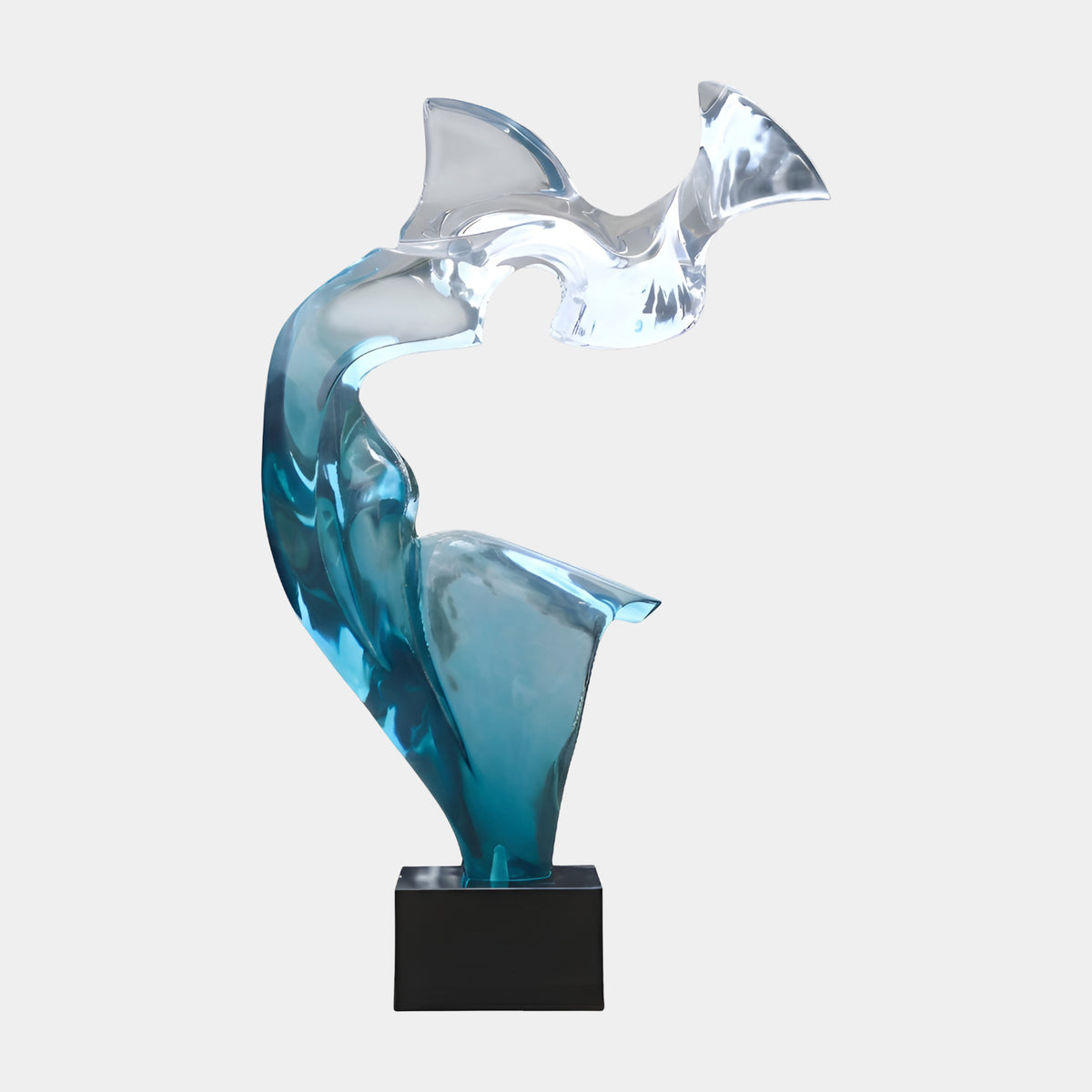 Teal Graded Arched Abstract Resin Sculpture, 163cm, curved form shifting from deep teal to clear glassy fins, on a black square base, plain light background.