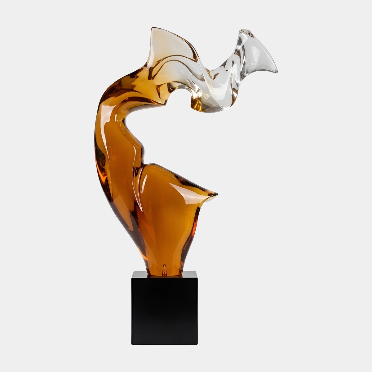 Amber Arched Abstract Resin Sculpture, 145cm, with color fading to clear at the flared crown, on a black marble cube base, plain white background.