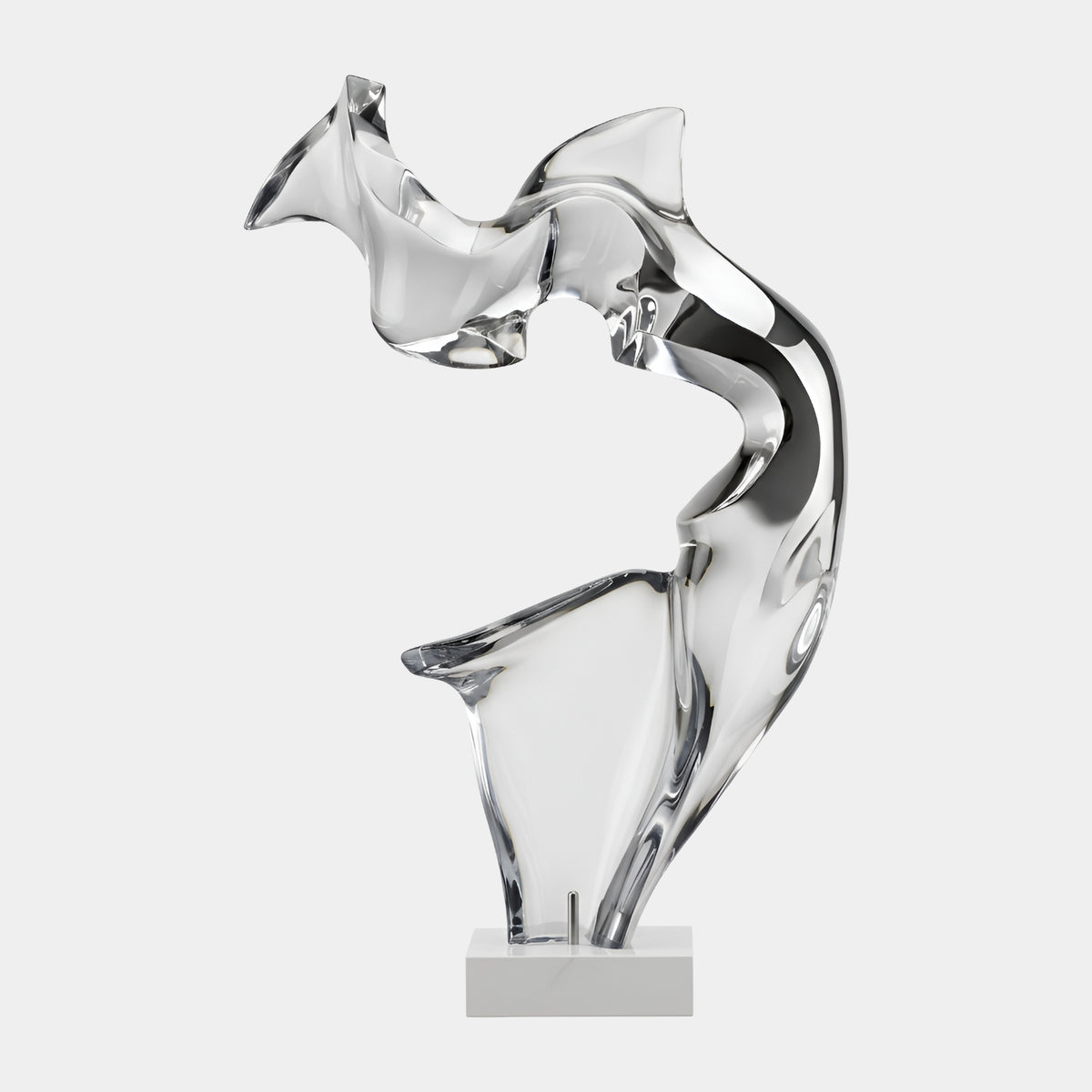 Colourless Arched Abstract Resin Sculpture - 123cm by Giant Sculptures, a clear arching form with a flared base and fin detail on a white slab base, set against a plain light grey background.