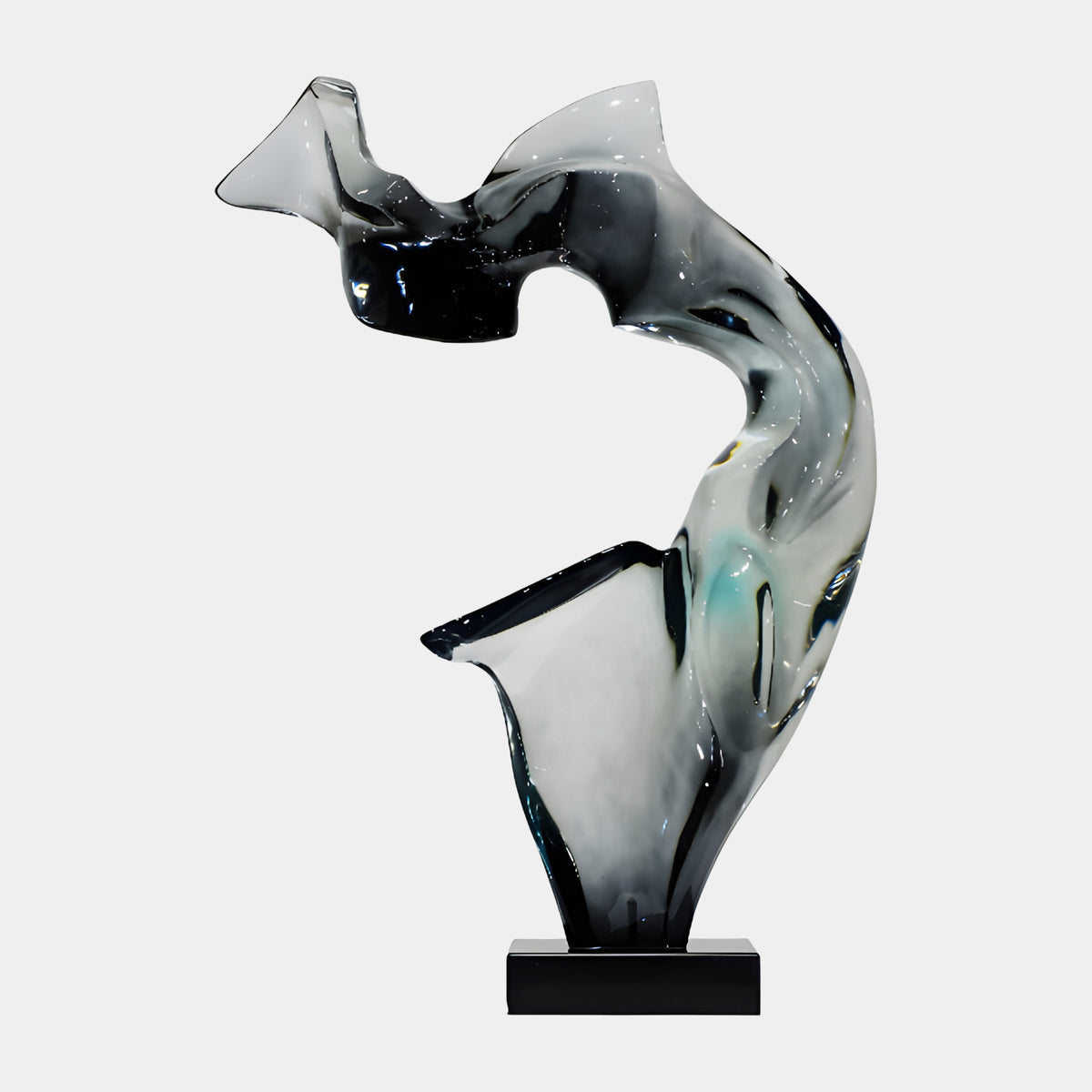 Black, White & Teal Arched Upright Sculpture, 98cm, with a sideways fin and teal band on a black marble base, shown on a plain white background.