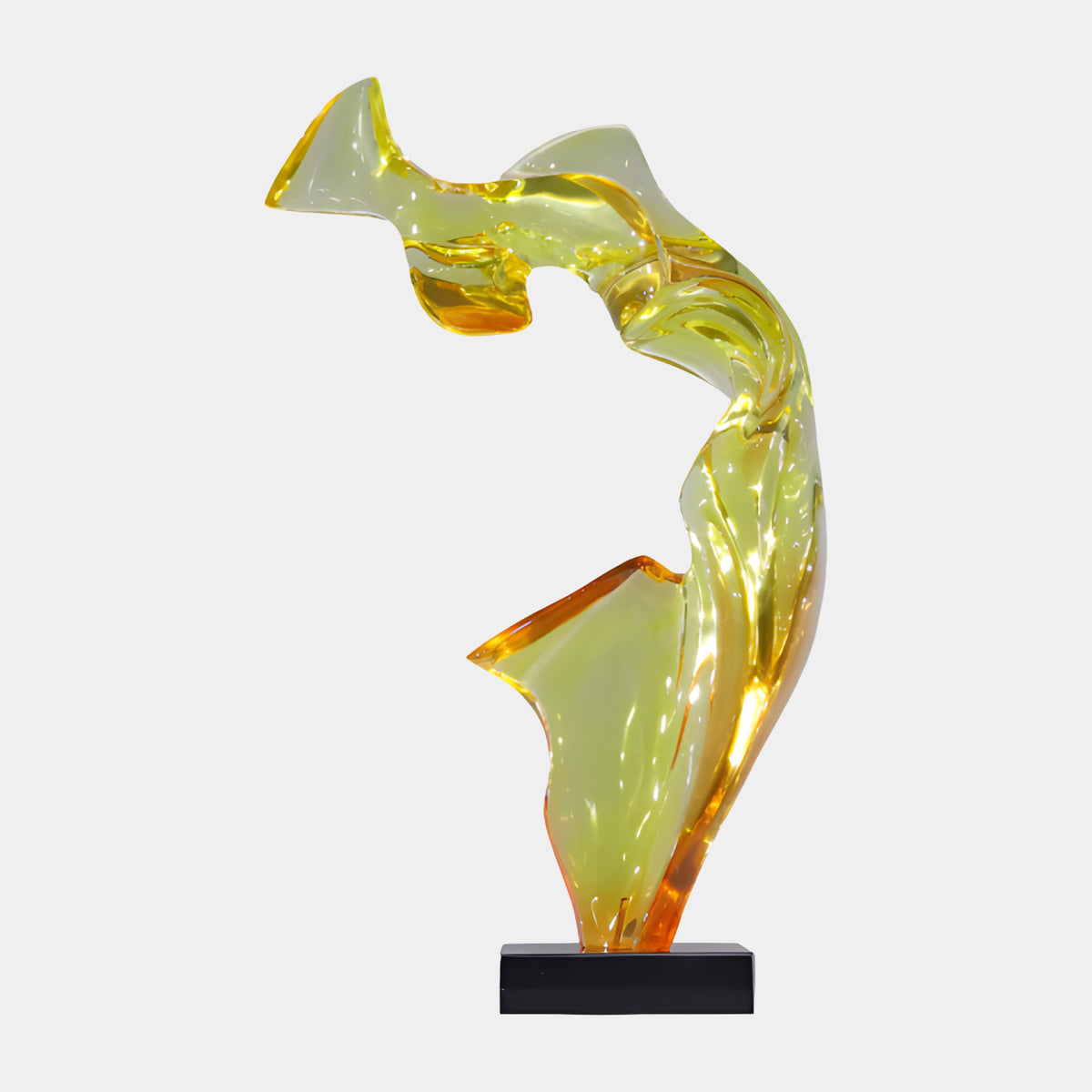 Yellow Arched Upright Resin Sculpture - 98cm, an amber-edged resin arch with a flared fin and splayed foot on a black marble base, shown against a plain white background.
