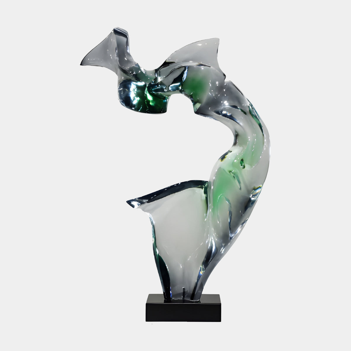 Clear & Green Windblown Figure Resin Sculpture - 102cm, a twisting abstract form with green pooled at its center, mounted on a black marble base against a plain light grey background.