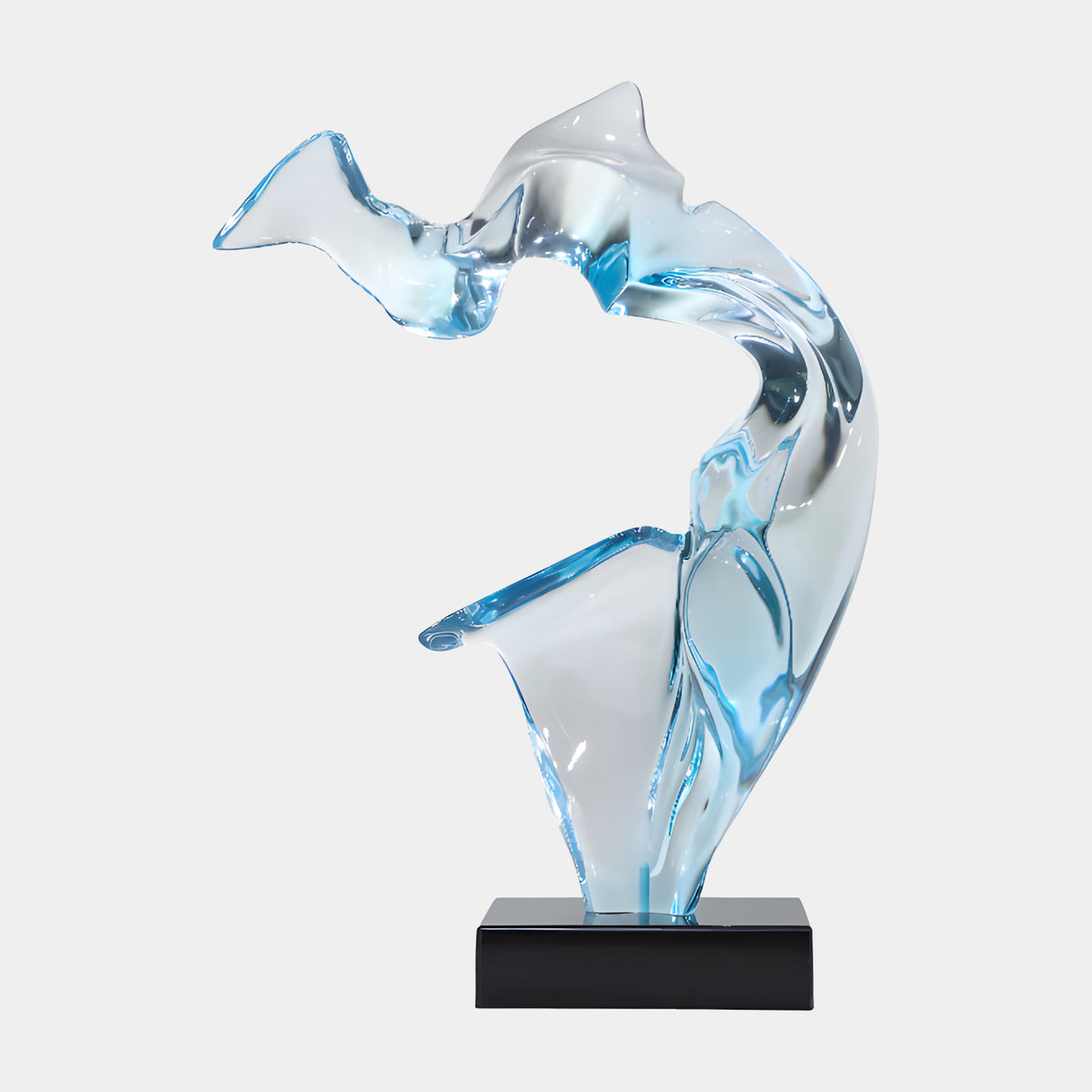 Aqua Clear Arched Abstract Resin Sculpture - 71cm, with a flared fin and splayed foot on a black base, set against a plain white background.