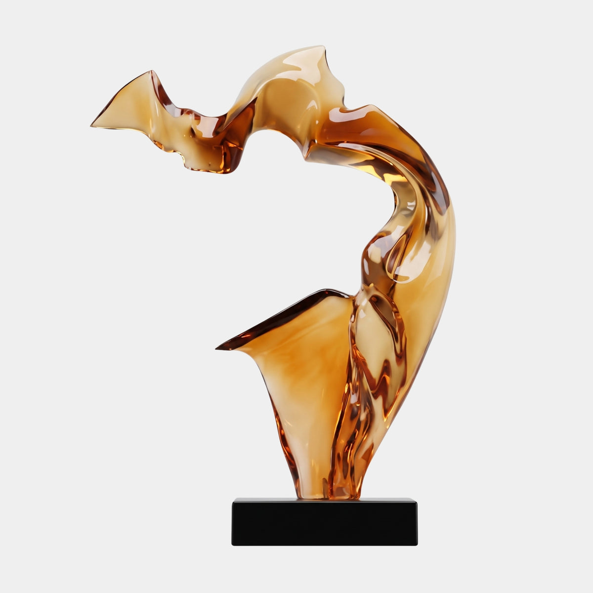 Amber Arched Abstract Resin Sculpture - 71cm, a glossy honey-toned curved form with a flared crown and splayed foot on a black marble base, shown against a plain light background.