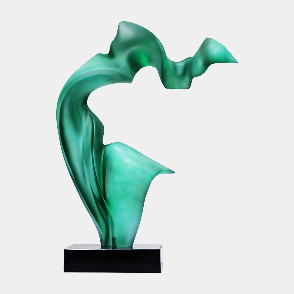 Frosted Green Arched Abstract Resin Sculpture - 71cm with flared top and fin, matte velvety finish on a black marble base, against a plain light background.