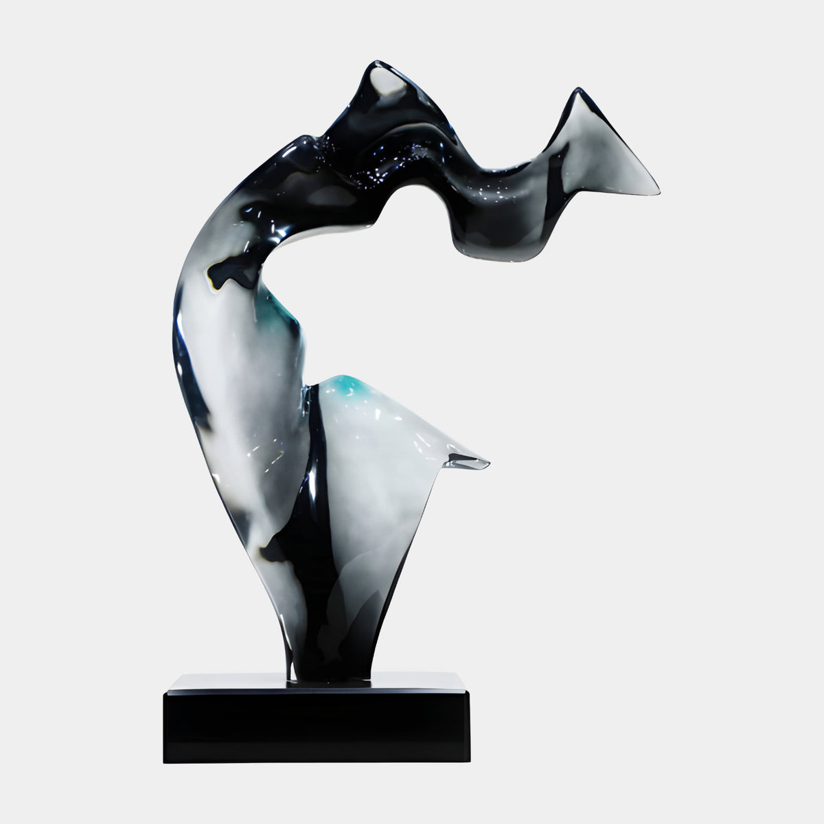 Black & White Marbled Arched Resin Sculpture, 60cm, with teal accent at the curve's junction, on a black marble base, set against a plain light background.