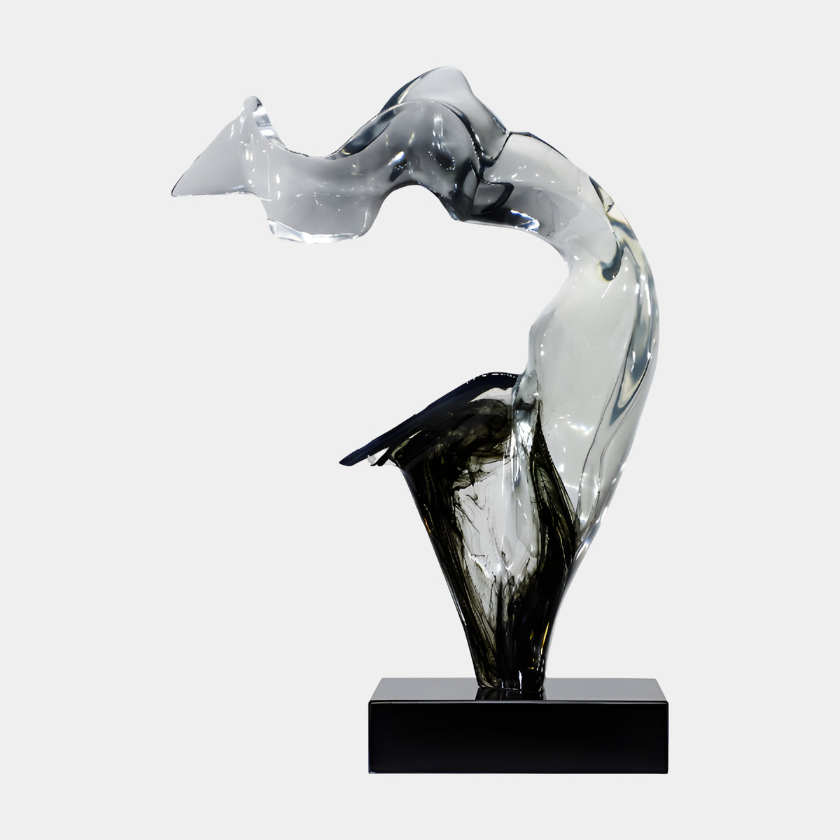 Clear & Black Inked Arched Resin Sculpture - 60cm, an arched form with a rippled crest and side fin, black ink pooling at the base, on a black stand against a plain white background.