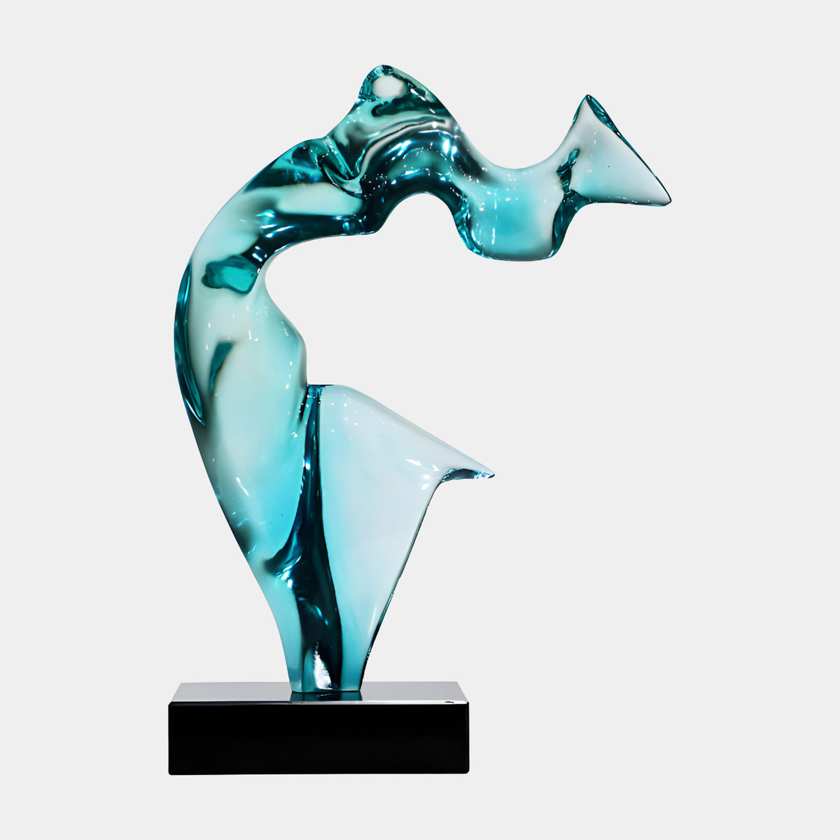 Aqua Arched Resin Sculpture - 60cm by Giant Sculptures, an abstract curved form in turquoise and sea-glass blue resin on a black marble base, shown against a plain light background.