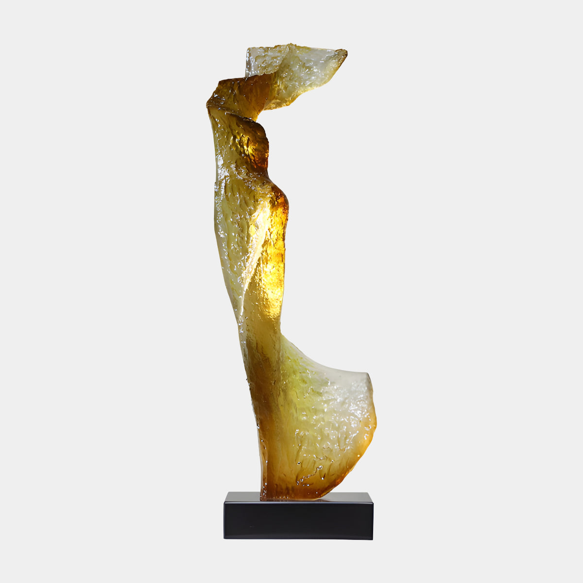 Orange & Green Crackled Figure Resin Sculpture - 85cm, a tall draped figure with amber-to-green crackled finish on a black marble base, shown against a plain white background.