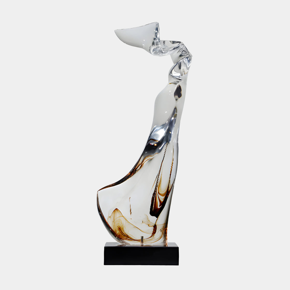 Clear & Brown Draped Figure Resin Sculpture, 85cm, standing abstract form with brown-veined folds on a black marble base, plain white background.