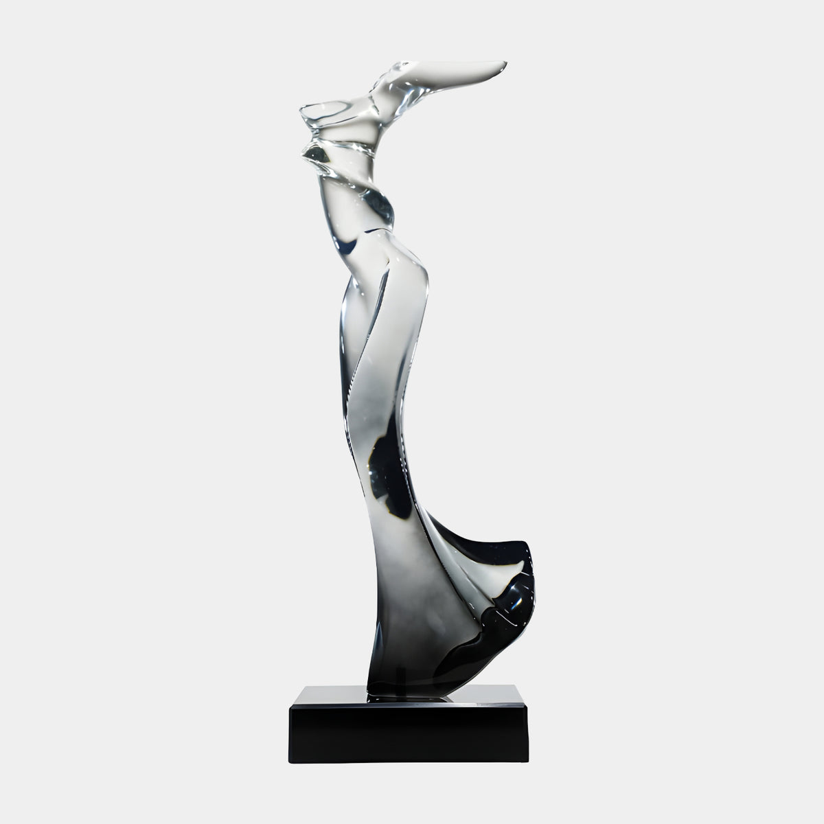 Black to Clear Windblown Figure Resin Sculpture, 77cm, gradient from black to clear with a flared, twisting form on a polished black base, shown against a plain white background.