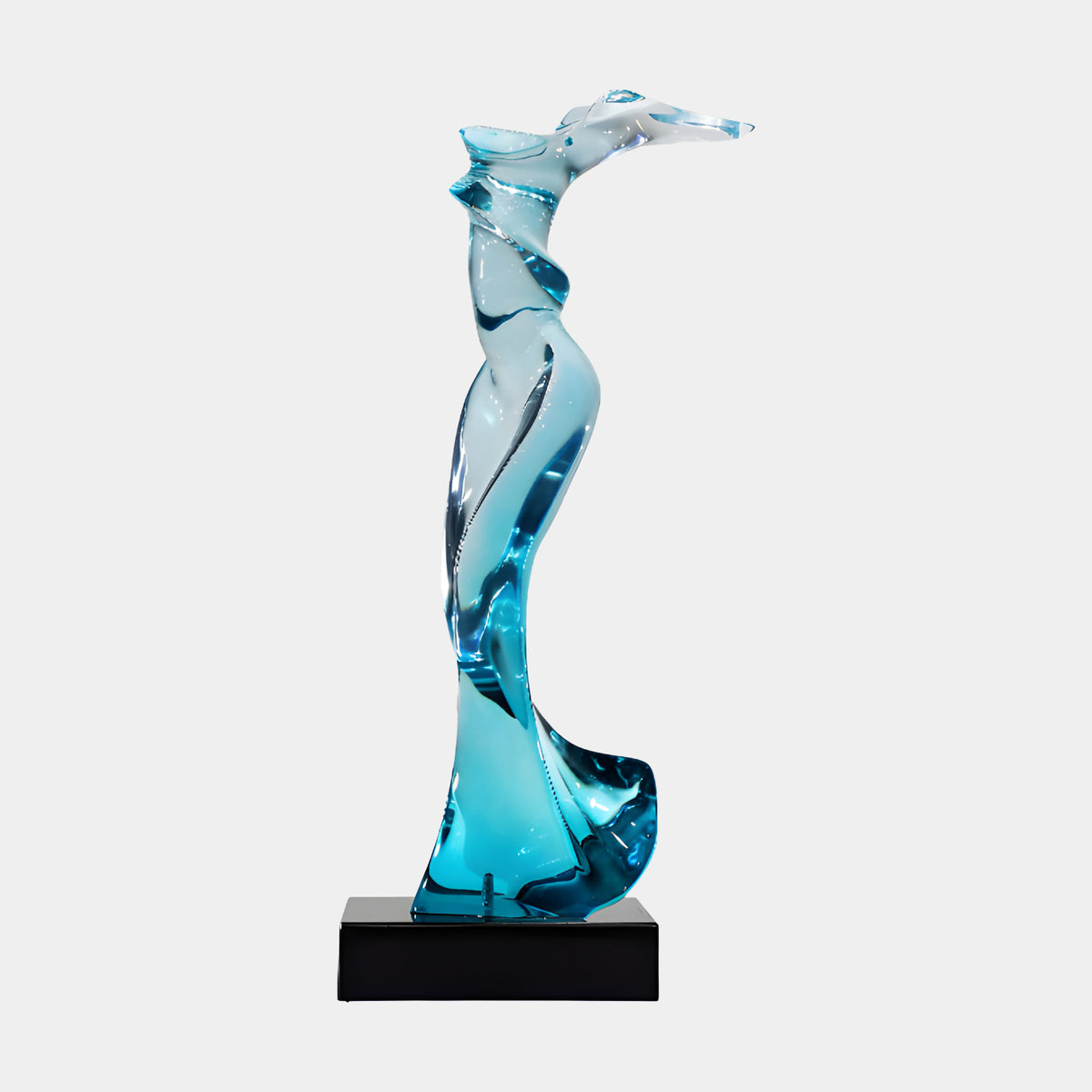 Aqua Blue Windblown Figure Resin Sculpture, 77cm, twisting figure with flared windblown skirt on black marble base, plain white background.