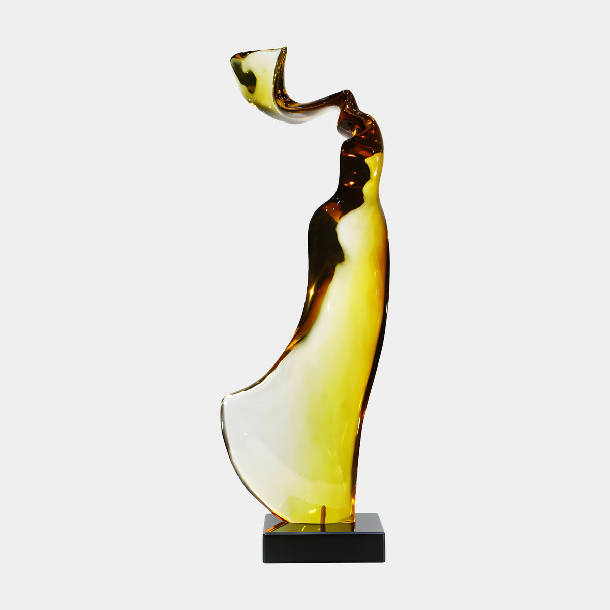 Yellow & Brown Windblown Figure Resin Sculpture, 107cm, with flared skirt and black marble base, shown against a plain white background.