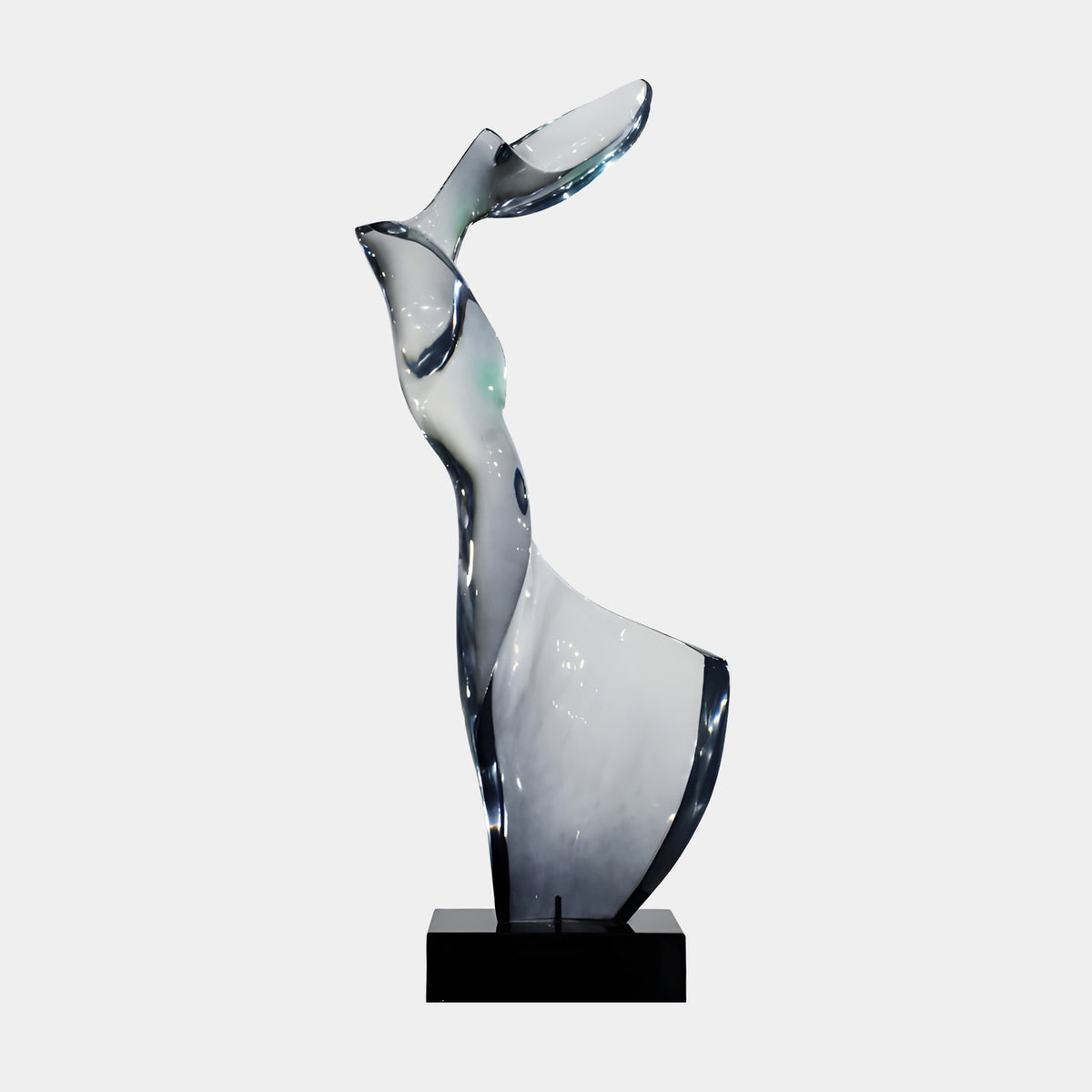 Clear & White Arched Upright Resin Sculpture, 114cm, with milky white core and curved fin-like top, on a black marble base against a plain light background.
