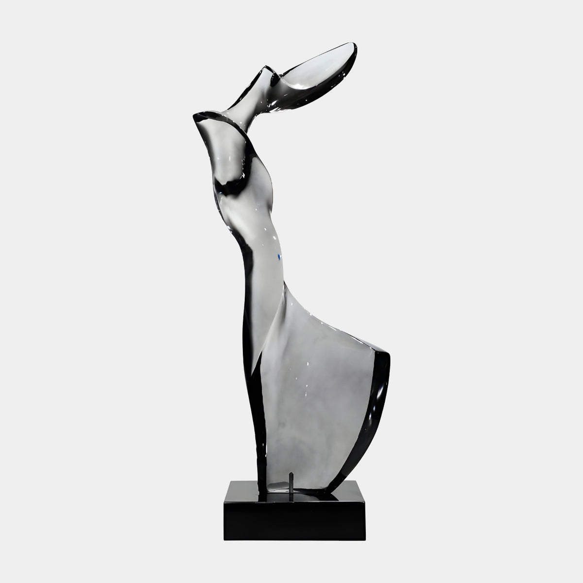 Smoke Grey & Black Arched Upright Resin Sculpture, 114cm, curved form with black-edged neck and sail-like flare, on a black marble base, plain white background.