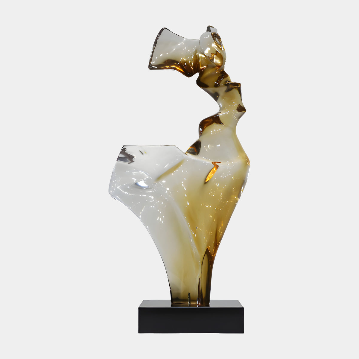Cream & Amber Windblown Figure Resin Sculpture - 75cm, an abstract twisting form in cream resin with amber accents, set on a black marble base against a plain white background.