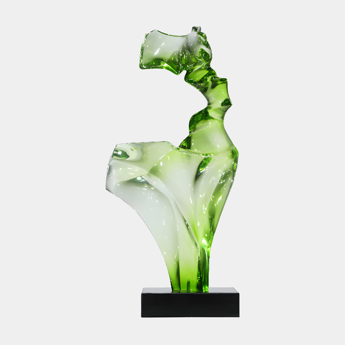 Lime Green & White Windblown Figure Resin Sculpture, 75cm, with twisting ridged neck and flared skirt base, on a black stand against a plain white background.