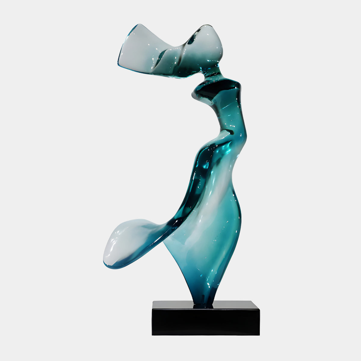 Teal & White Tailed Windblown Figure Sculpture, 74cm, abstract resin form leaning into the wind with a long tailed skirt, on a black marble base, plain white background.
