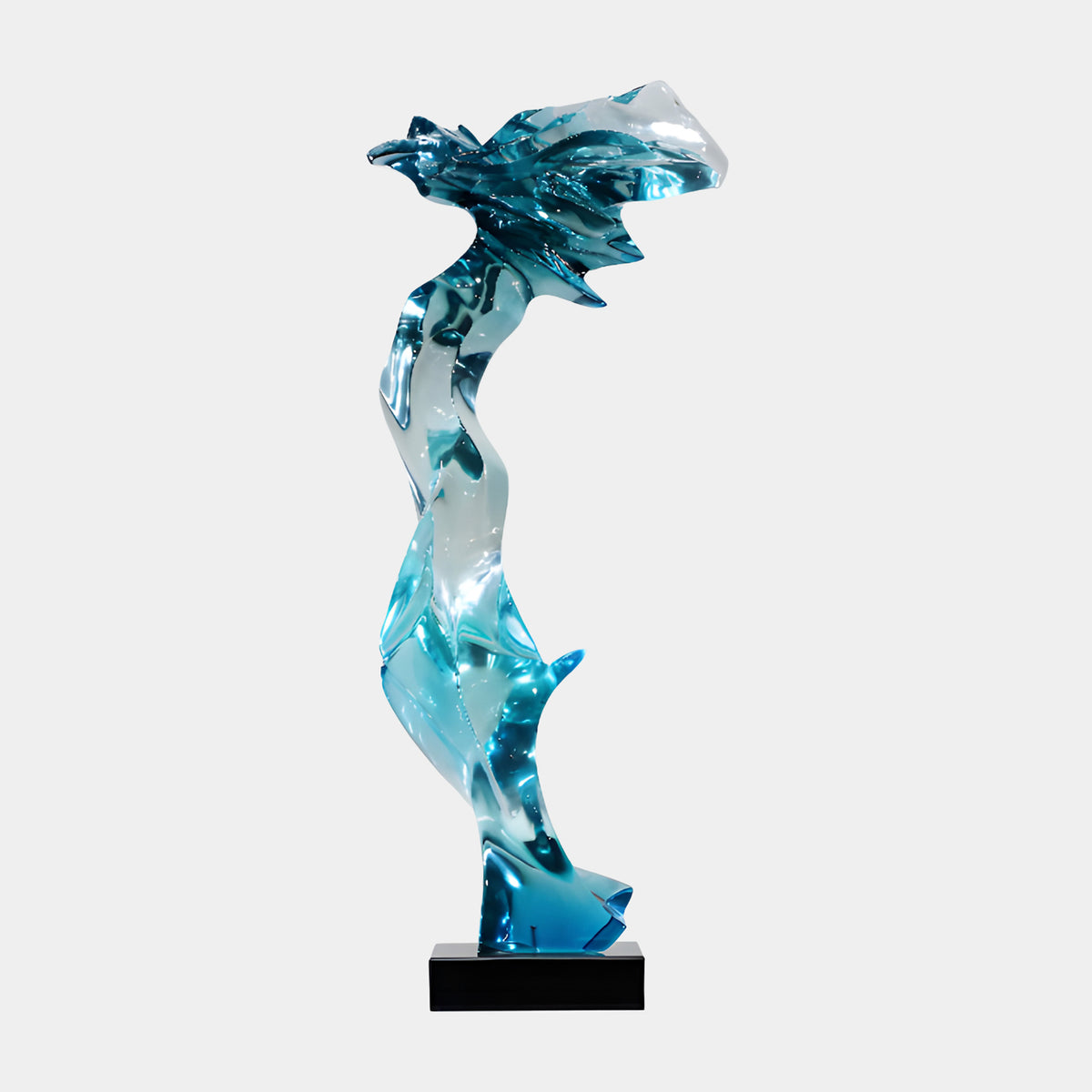 Teal Swirled Windblown Figure Resin Sculpture, 112cm, abstract windblown form in teal and clear resin on a black marble base, plain white background.