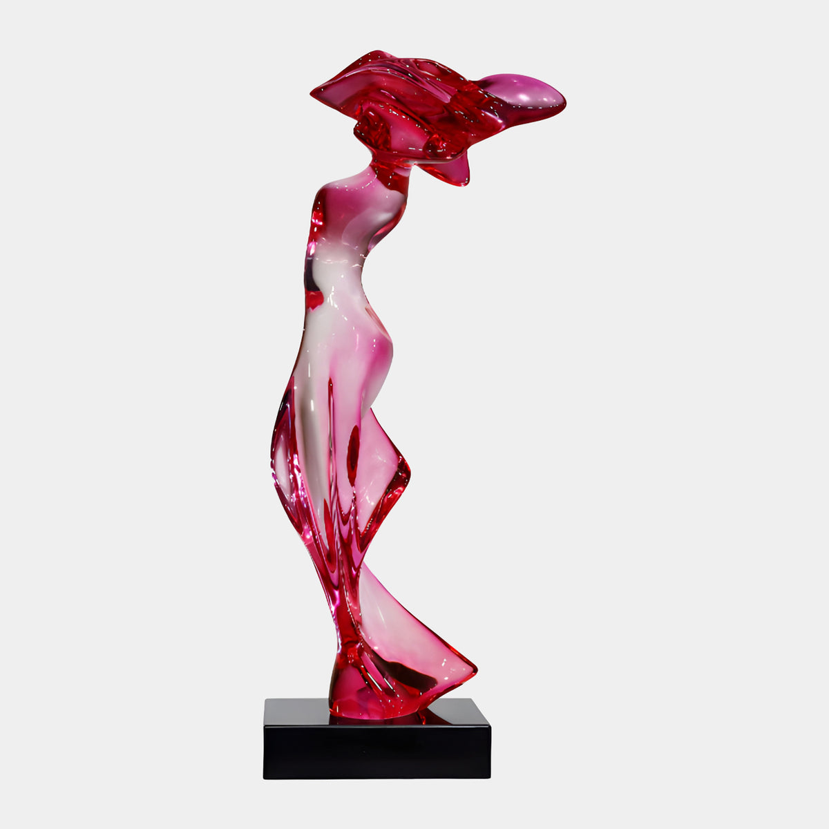 Red & Pink Hatted Lady Figure Resin Sculpture, 82cm, slender figure in a wide-brimmed hat on a black marble base, against a plain white background.