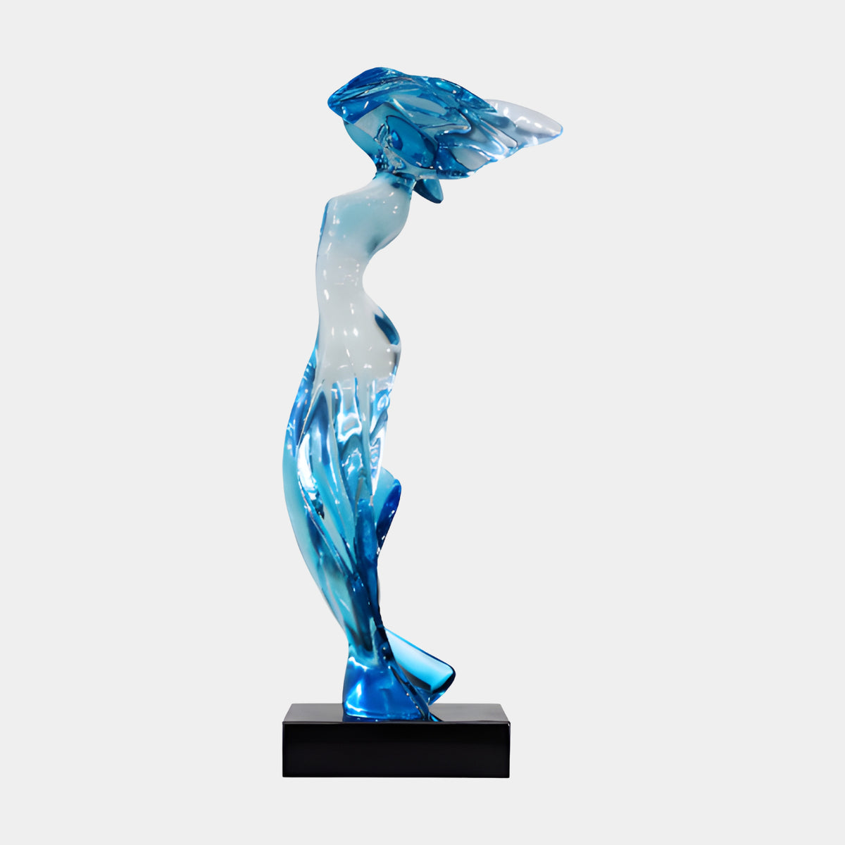 Blue & Clear Hatted Lady Figure Resin Sculpture (82cm) by Giant Sculptures, a windswept figure in a broad blue hat with clear resin body and blue skirt, on a black marble base, set against a plain light background.