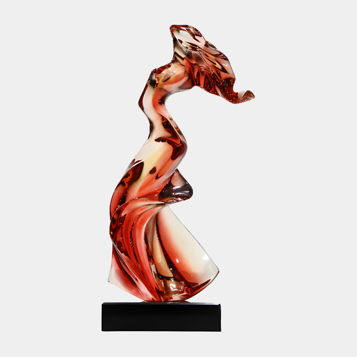 Red & Amber Windblown Figure Resin Sculpture, 64cm, twisting S-curve form with flame-like crest, on black marble base, plain white background.